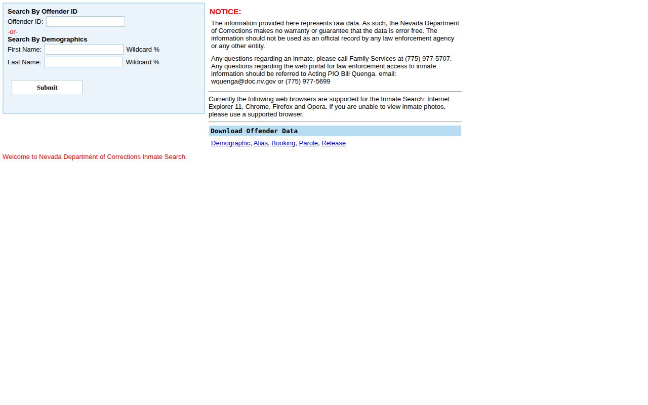 Nevada DOC search controls for Washoe County released inmates