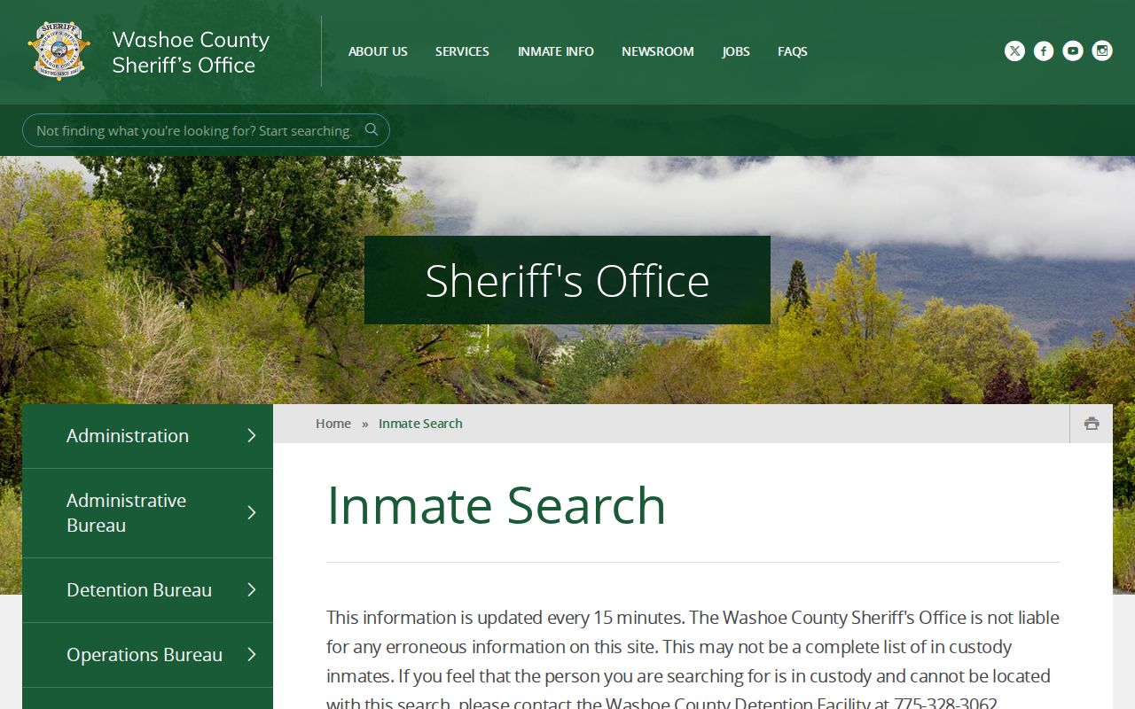 Washoe County current custody search showing 72-hour release limitations