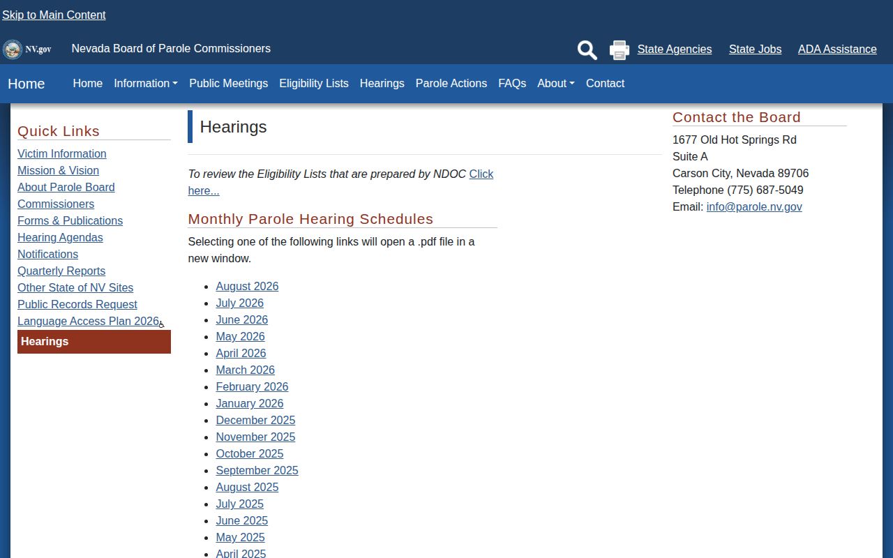Nevada Board of Parole Commissioners monthly hearing schedules and actions page