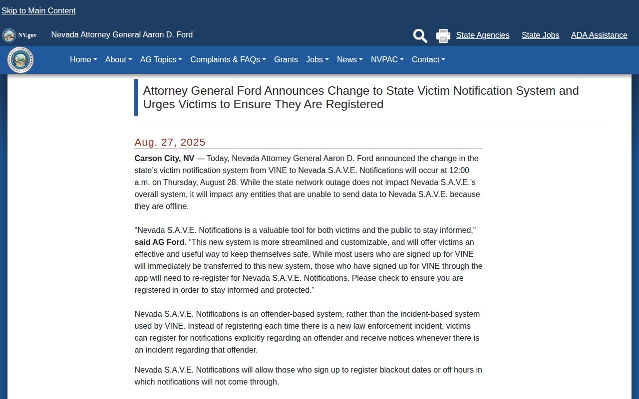 Nevada Attorney General announcement that S.A.V.E. replaced VINE
